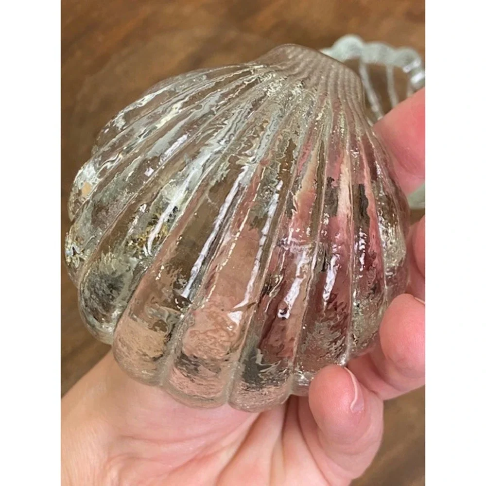 Vintage Clear Textured Glass Clamshell Trinket Dish Lidded Jewelry Box Nautical